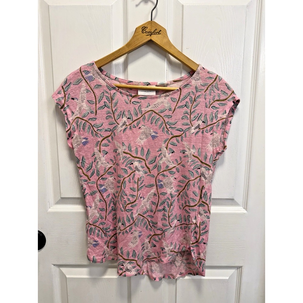 Cynthia Rowley 100% Linen Pink Bird Shirt Size S Boho Preppy Resort Lagenlook